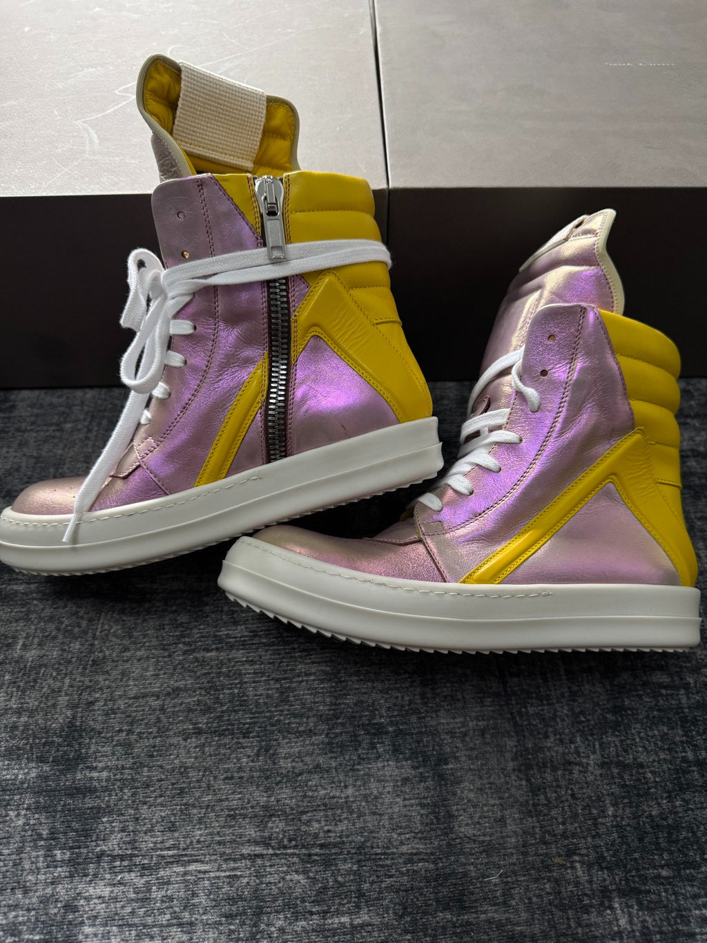 Rick Owens Pink Panel Inverted-Triangle Yellow Sneakers