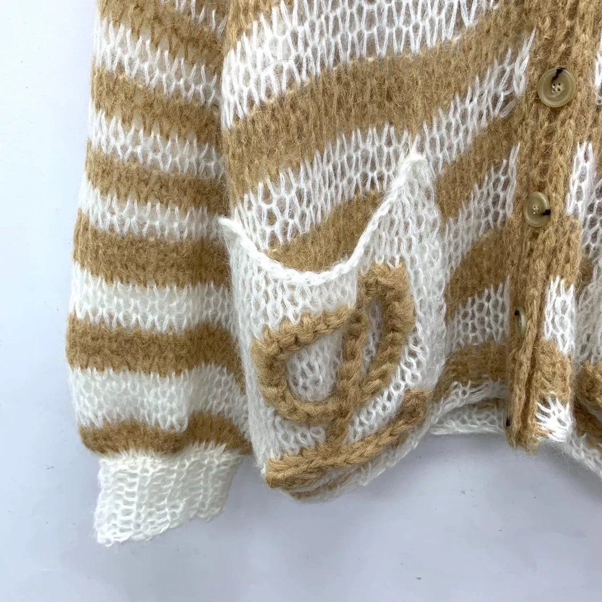 Loewe Brown Striped Logo-Embroidered Mohair V-Neck Single-Breasted Cardigan Jacket