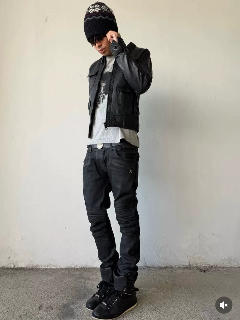 Balmain X Hm AW15 Waxed Black Wax Coated Biker Denim Distressed Pants