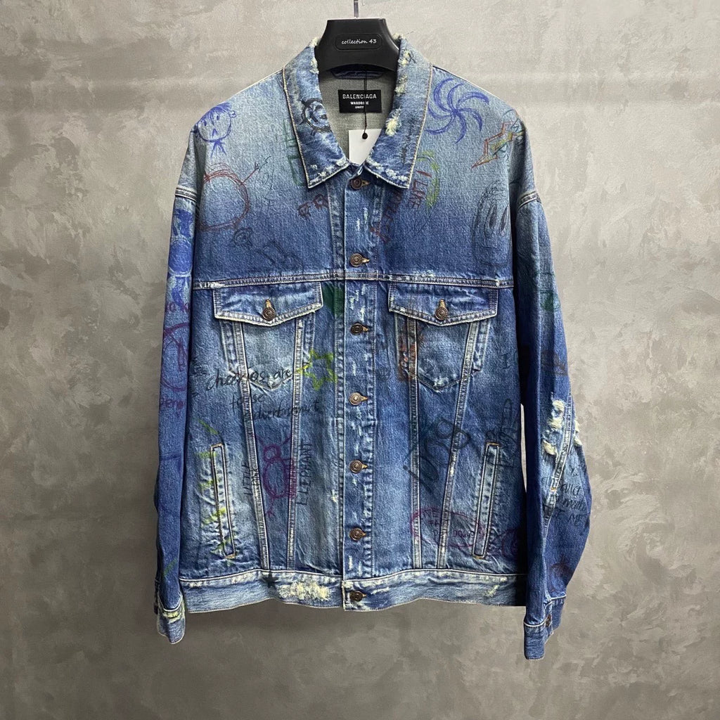 Balenciaga Blue Graffiti Logo Denim Jacket