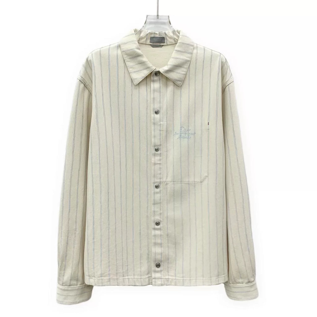 Dior Beige Vertical Stripe Logo Letter Embroidered Cotton Collared Single-Breasted Long Sleeve Shirt