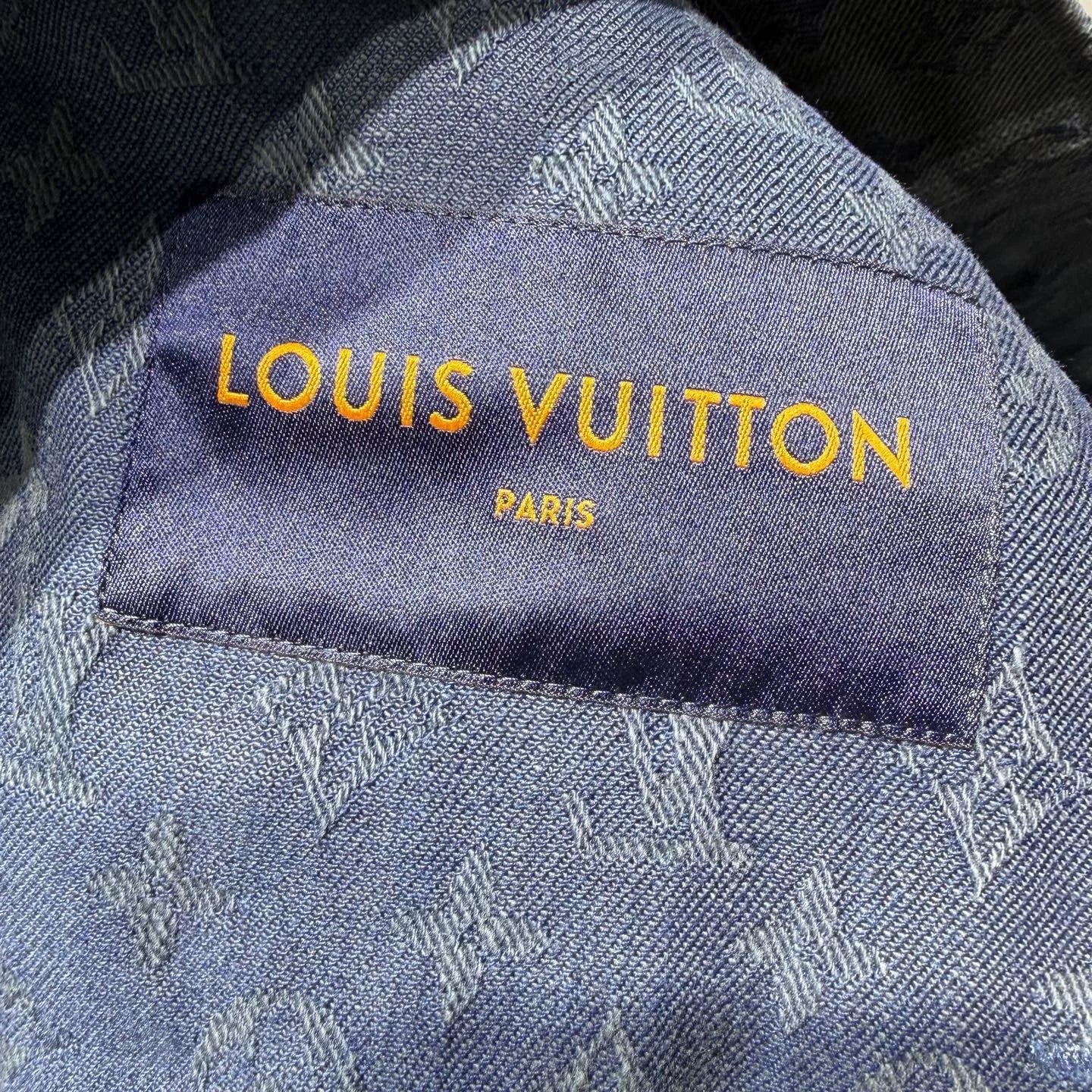 Louis Vuitton Denim Monogram All-Over Print Button-Front Washed Distressed Blue Jacket