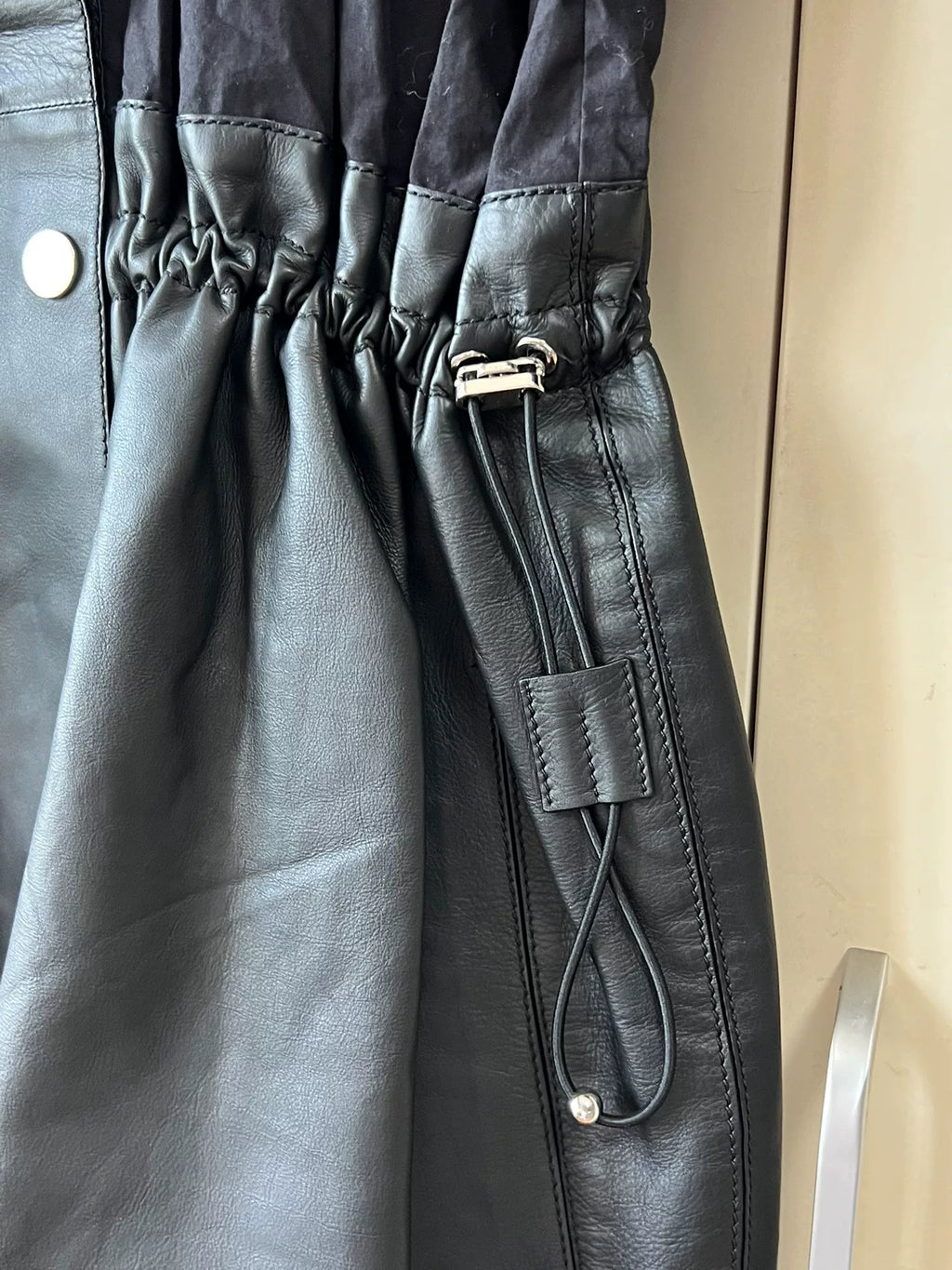 Hermes Pieced Leather Black Panel Runway Drawstring Waist Dress
