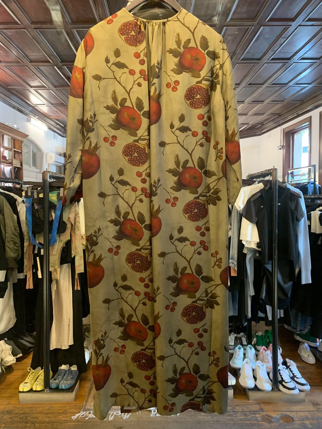 Uma Wang FW25 Pre Tan/Red/Green Agina Pomegranate Print Viscose/Cupro Dress