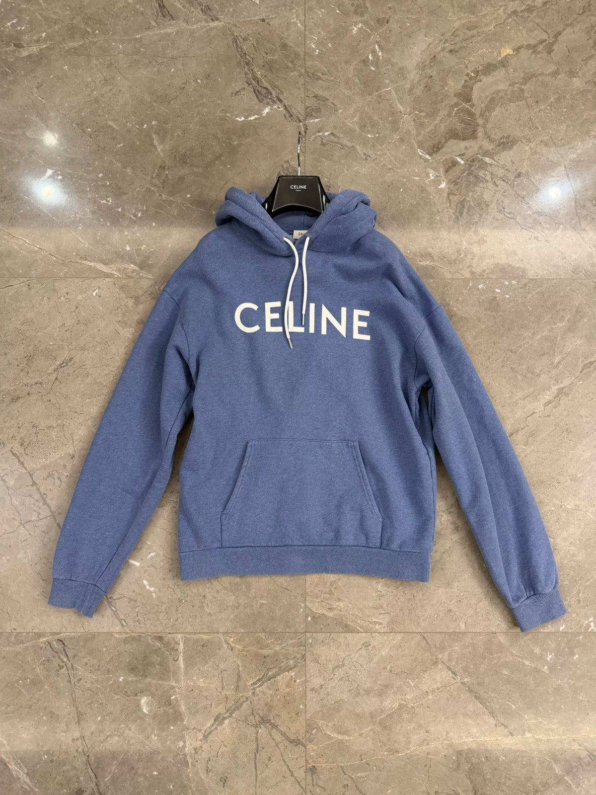 Celine Haze Blue Logo Hooded Cotton Sweater by Hedi Slimane