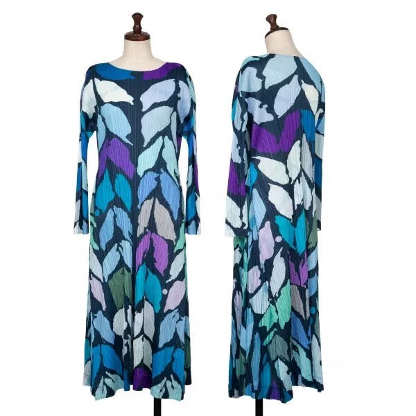 Issey Miyake Vintage Blue Green Leaf Print Pleated Dress