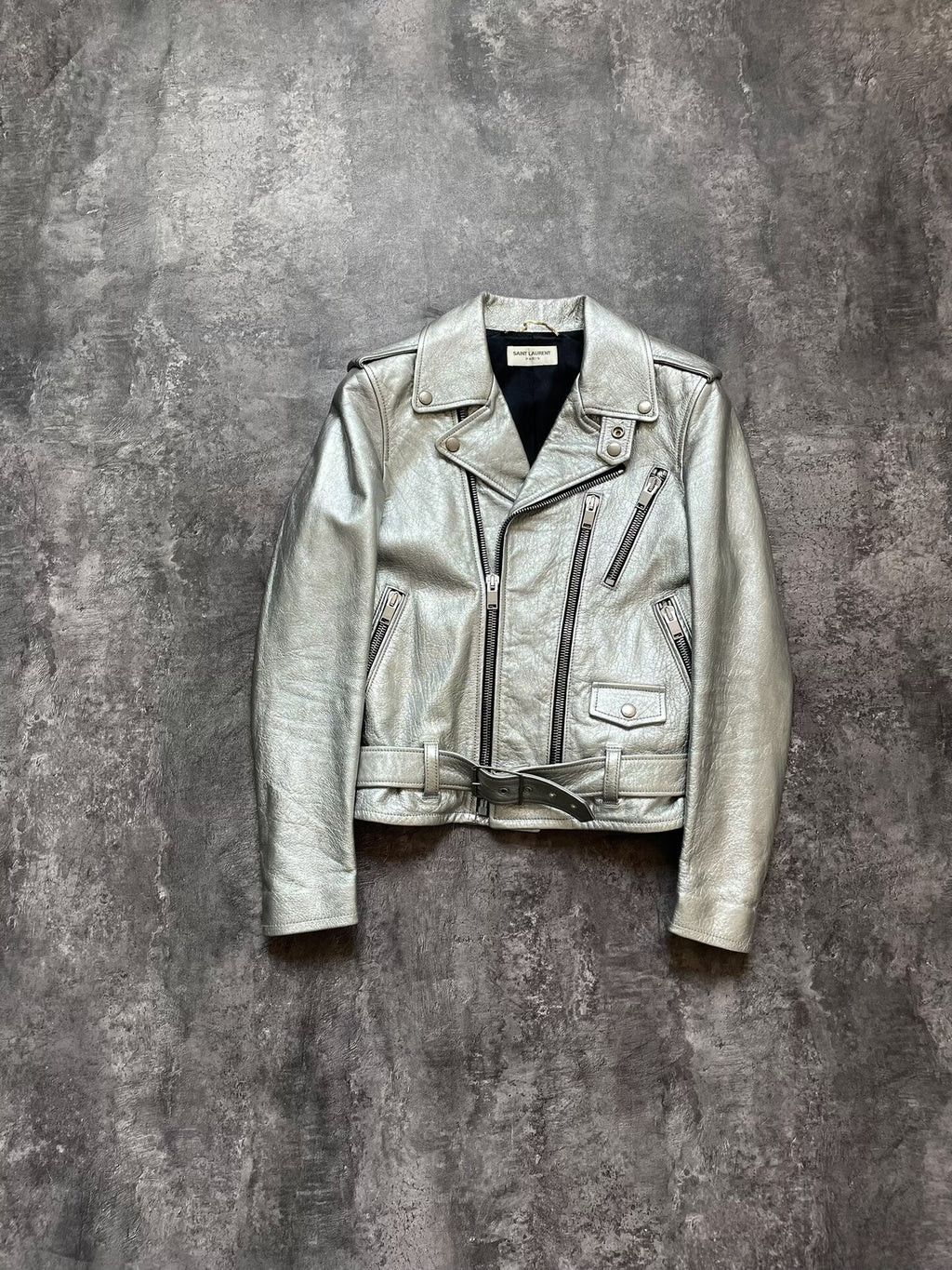 Saint Laurent SLP13 Silver Lambskin Zipper Jacket