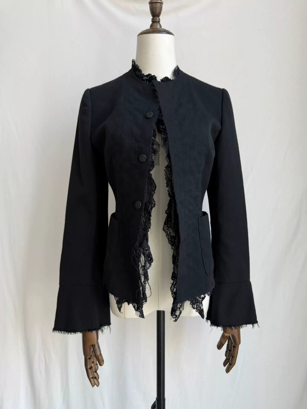 Junya Watanabe Black Stand-Collar Cinched Lace Wool Jacket