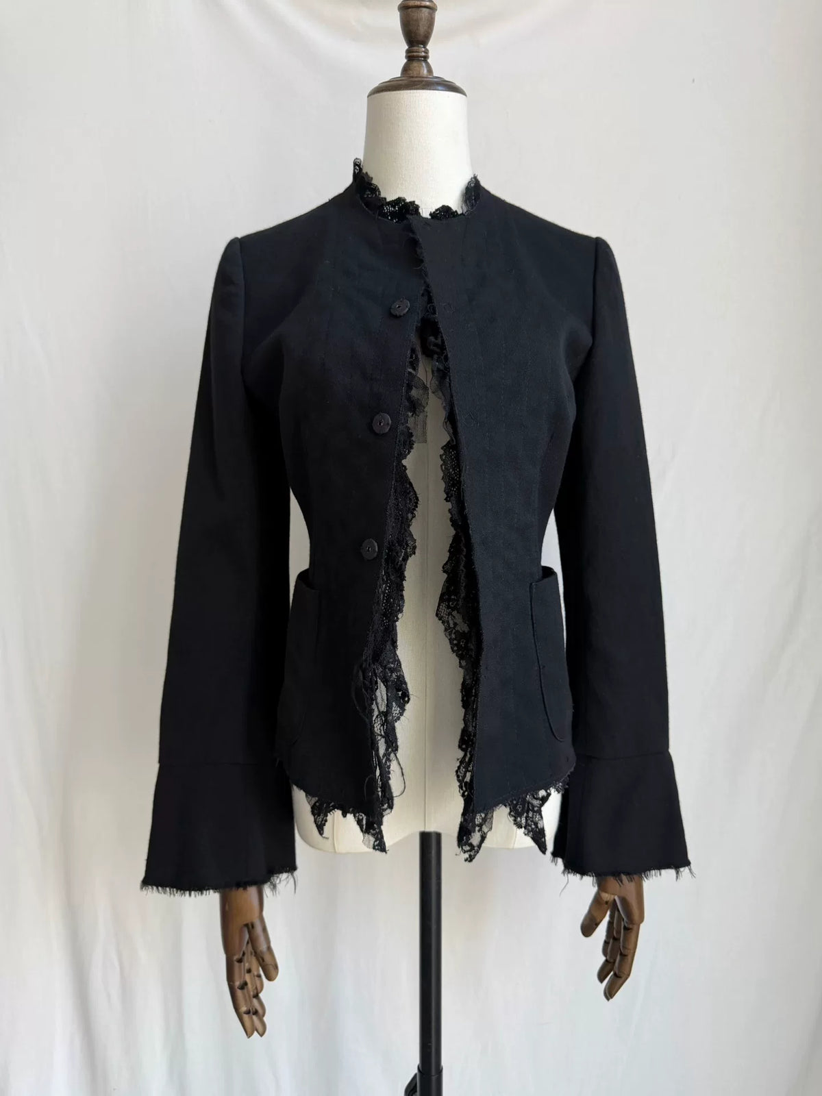 Junya Watanabe Black Stand-Collar Cinched Lace Wool Jacket