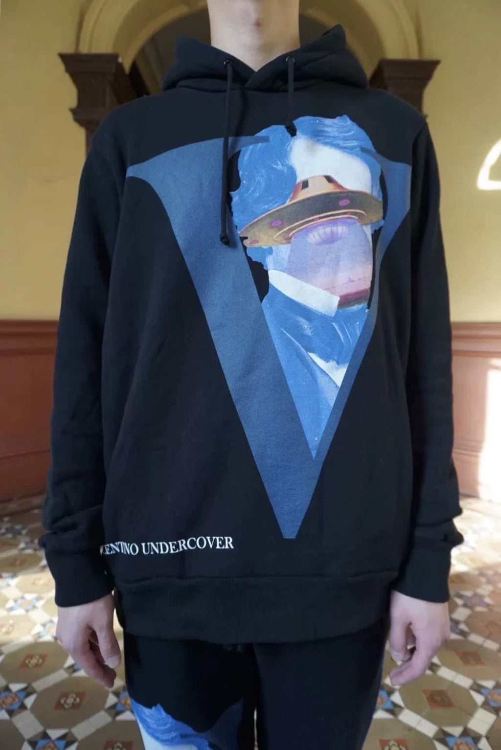Undercover × VALENTINO Time Traveler Print Hooded Cotton Sweater
