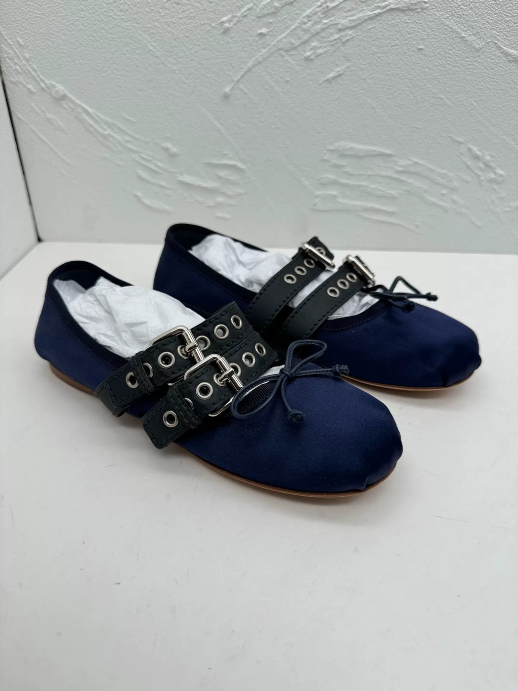 Miu Miu Navy Blue Satin Leather Bow Mary Janes