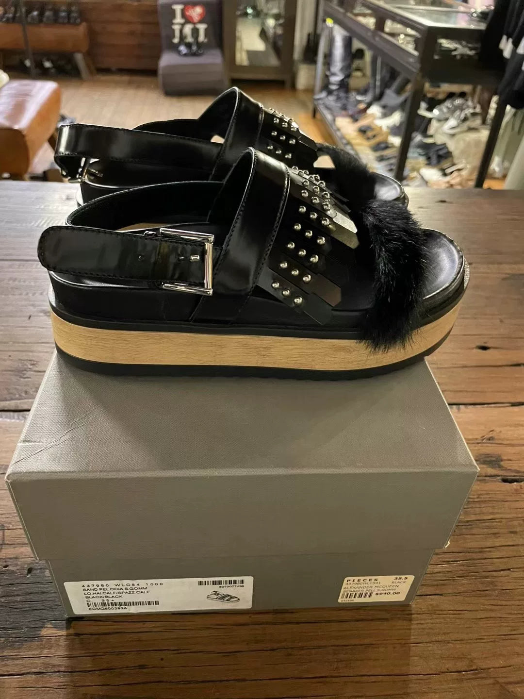Alexander McQueen FW16 Black Fringe Lambskin Platform Sandals