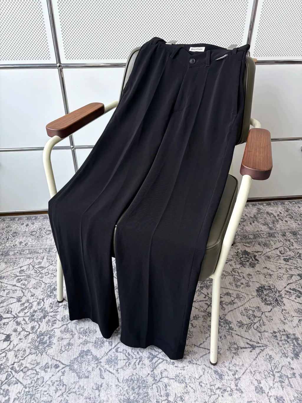 Balenciaga Black V-Logo Label Straight Wide-Leg Pants