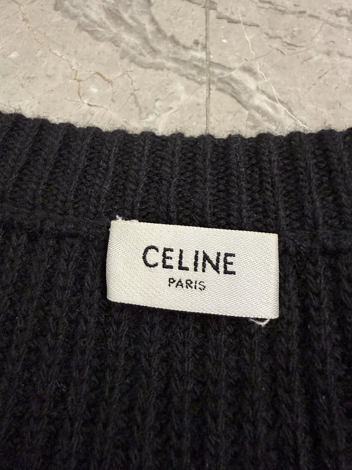 Celine Black Embroidered Logo Crew Neck Wool Sweater by Hedi Slimane