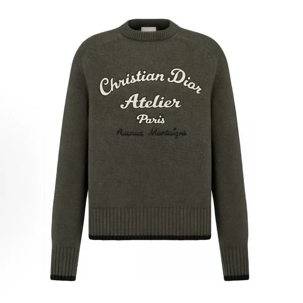 Dior Long Sleeve Embroidered Logo Wool Green Knit Sweater