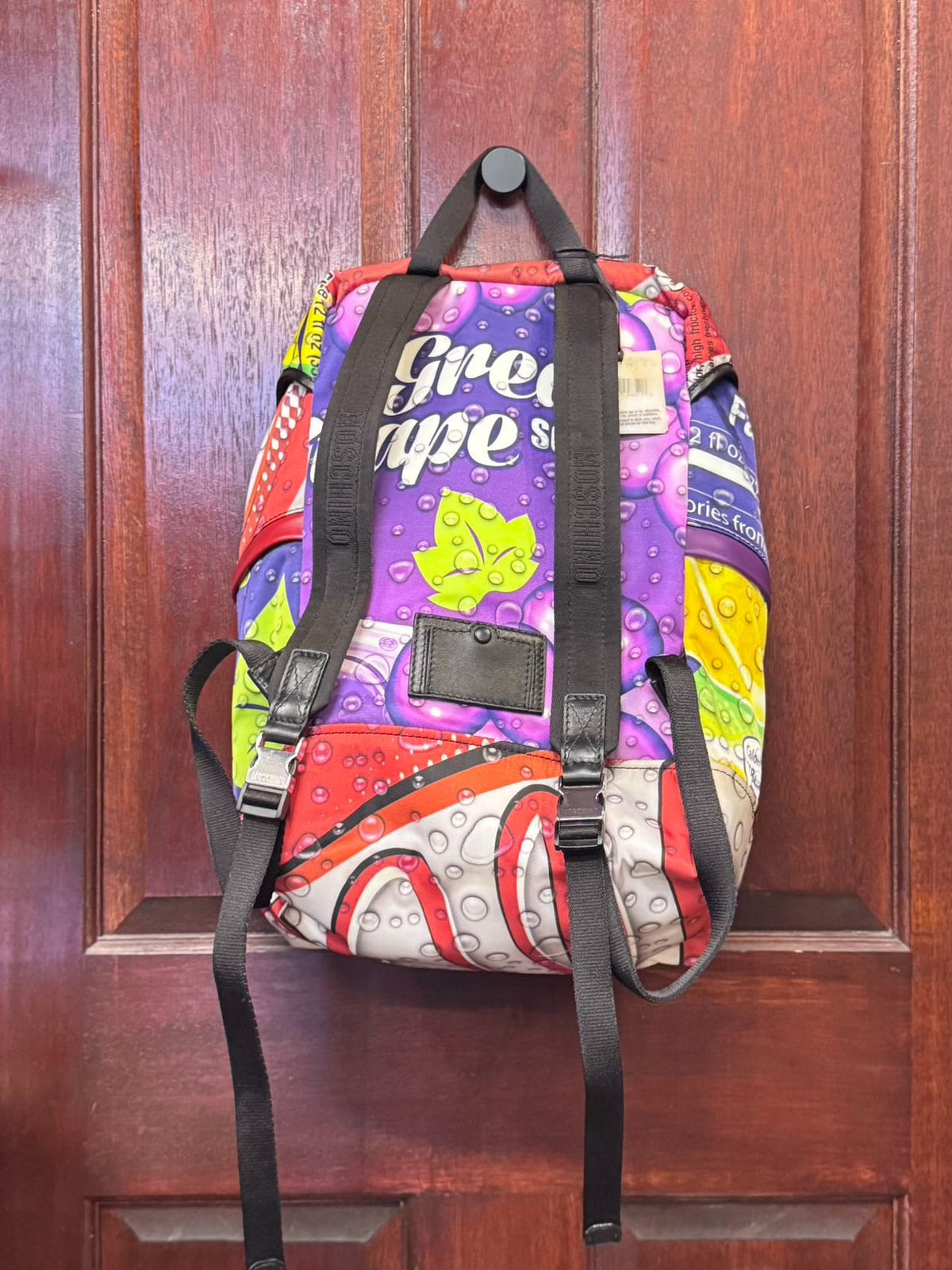 Moschino SS15 Soda Brand Print Black Leather Backpack