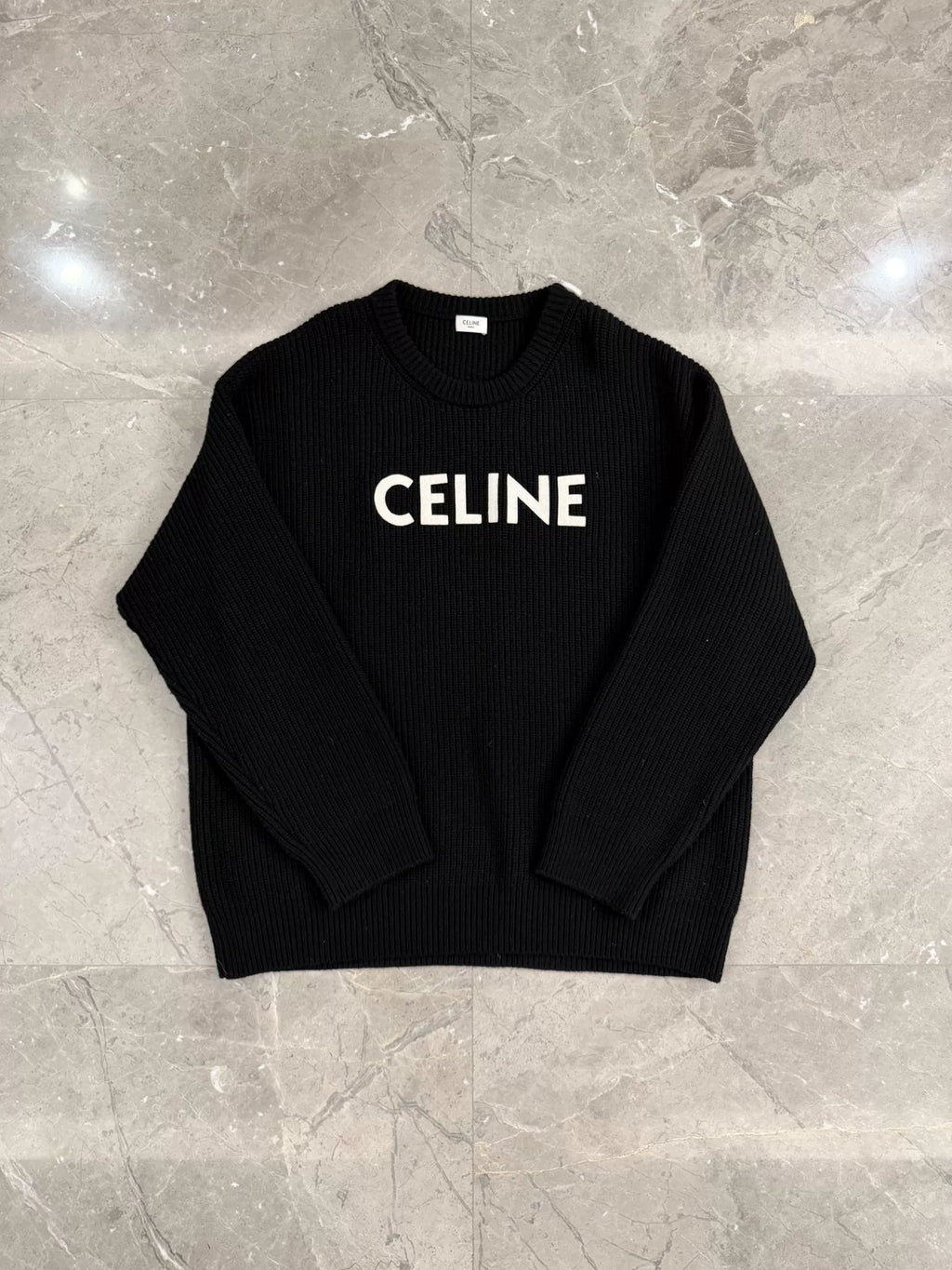 Celine Black Embroidered Logo Crew Neck Wool Sweater by Hedi Slimane