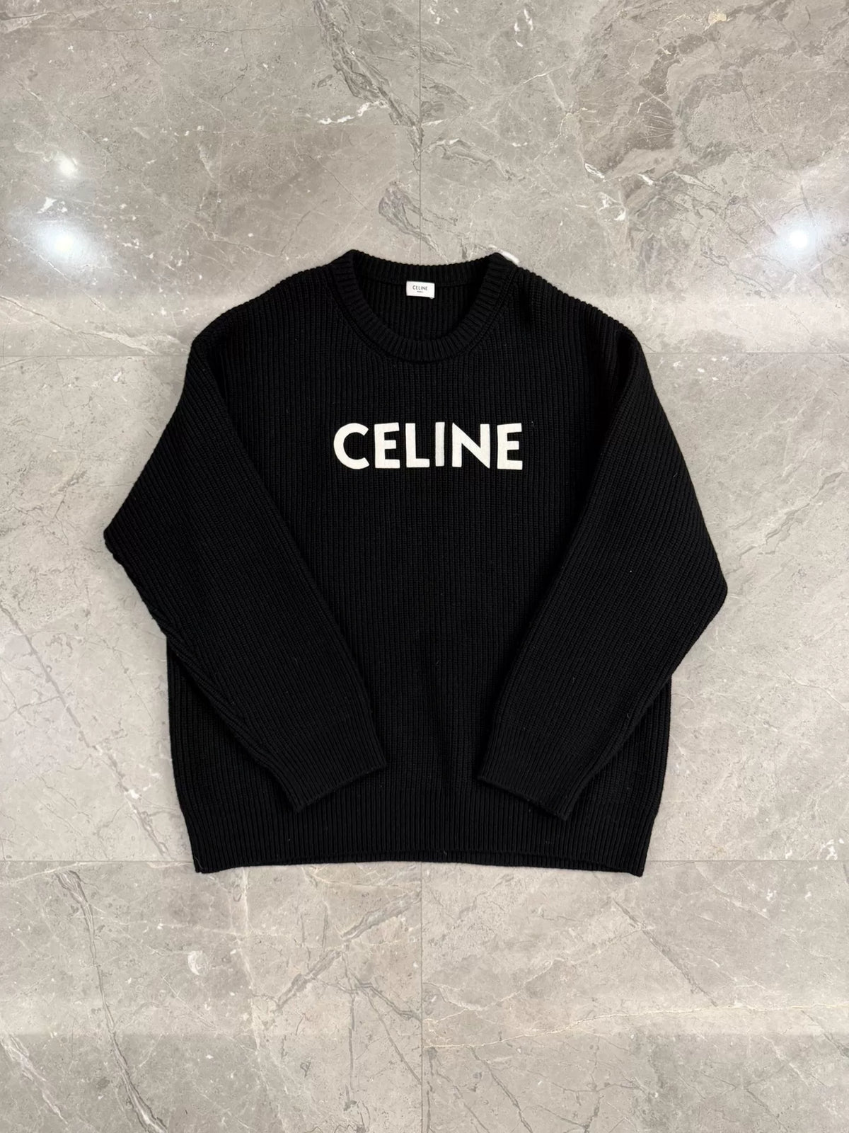 Celine Black Embroidered Logo Crew Neck Wool Sweater by Hedi Slimane