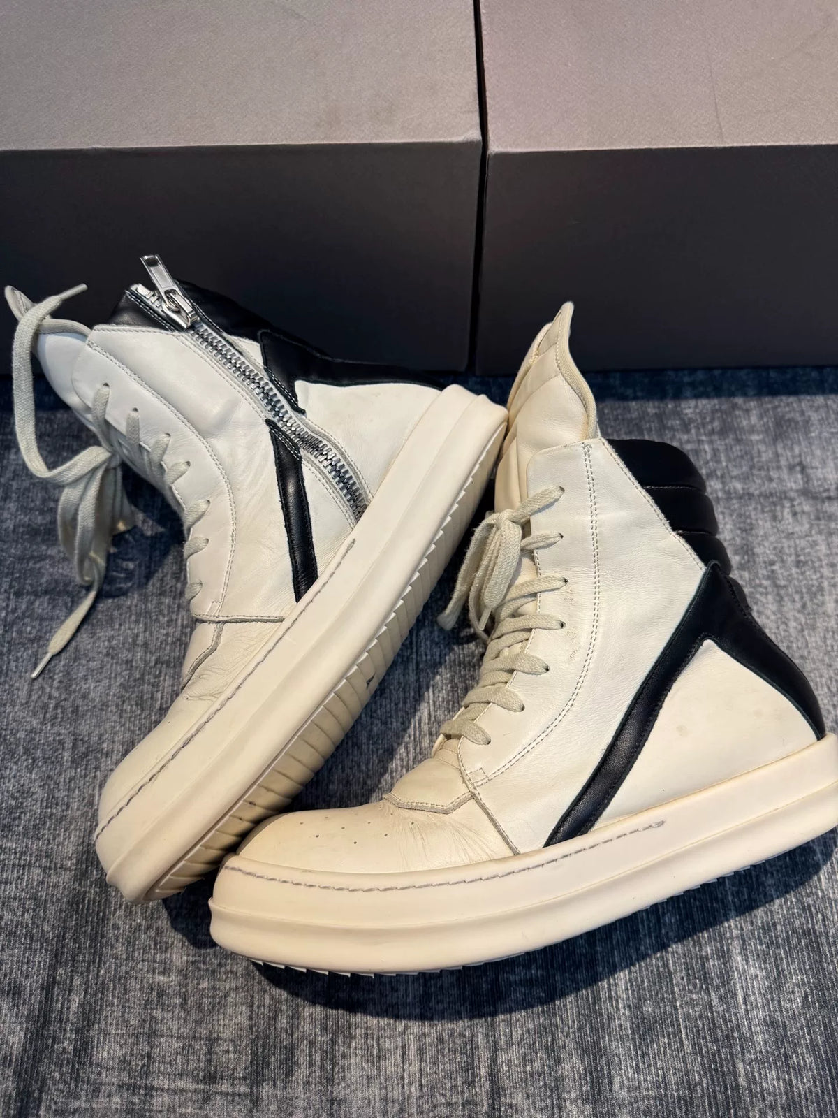 Rick Owens Inverted-Triangle White Black Sneakers