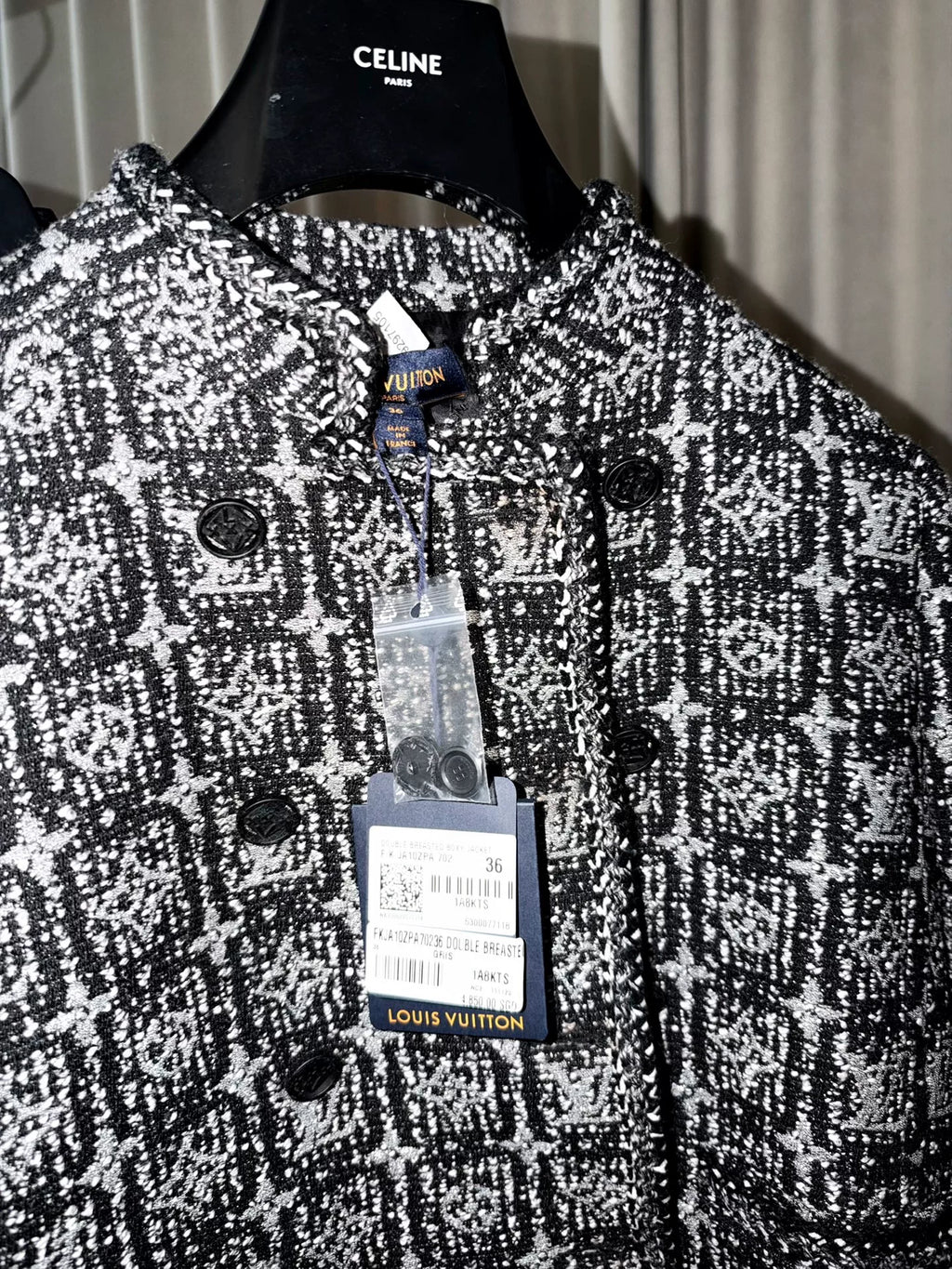 Louis Vuitton FW24 Glitter Grey Sequin Boucle Stand-Collar Jacket