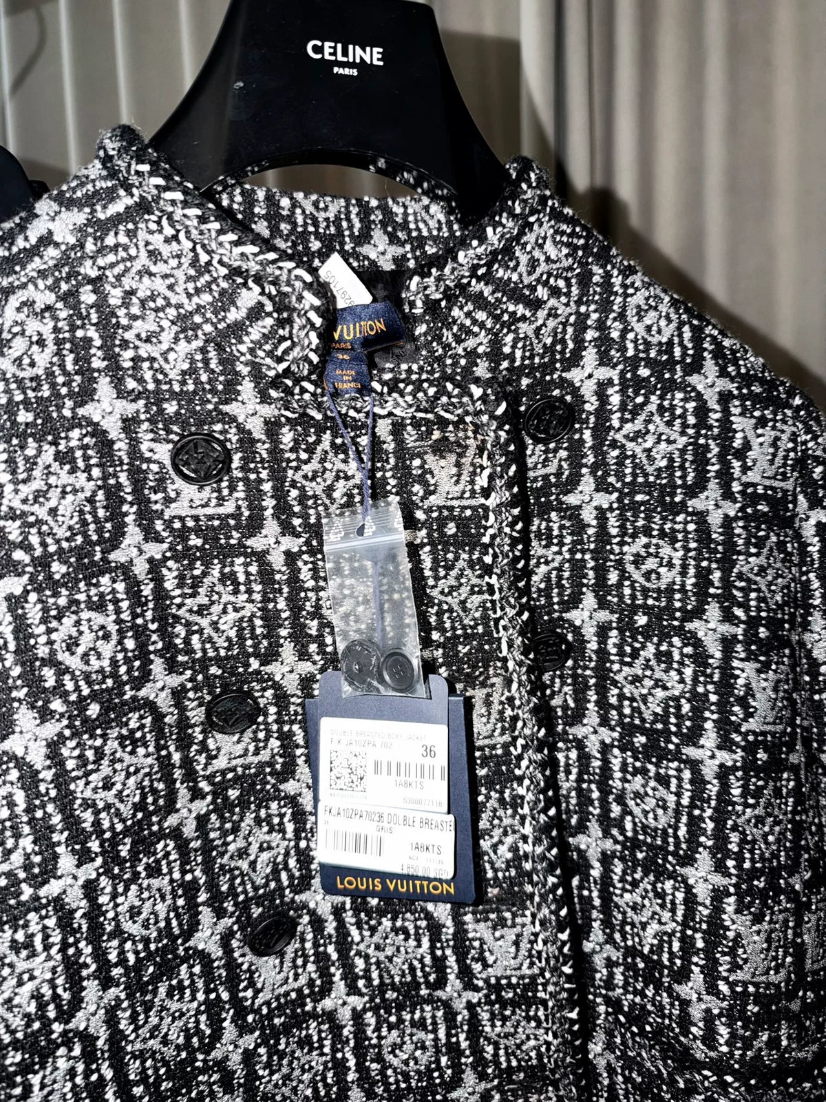 Louis Vuitton FW24 Glitter Grey Sequin Boucle Stand-Collar Jacket