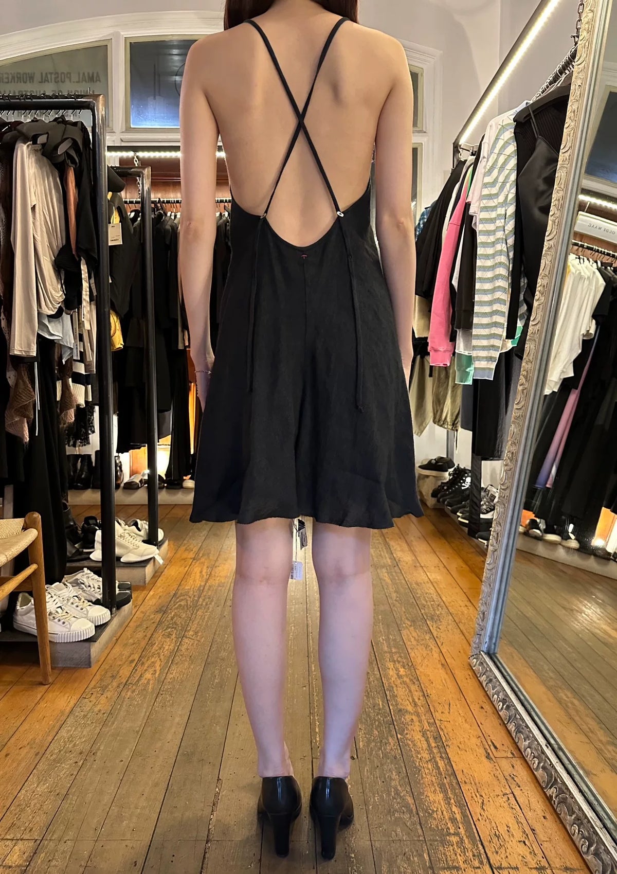 M.A+ FW23 Black Cross-Back Open-Back Linen Lotus Silk Dress