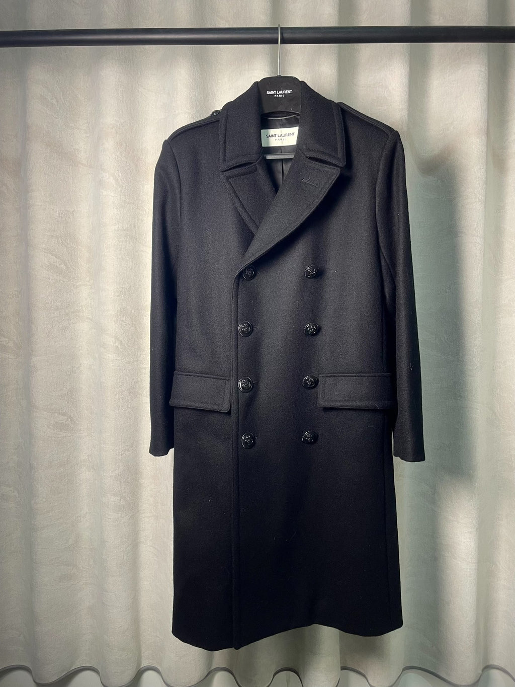 Saint Laurent FW14 Black Wool Anchor Button Double-Breasted Coat