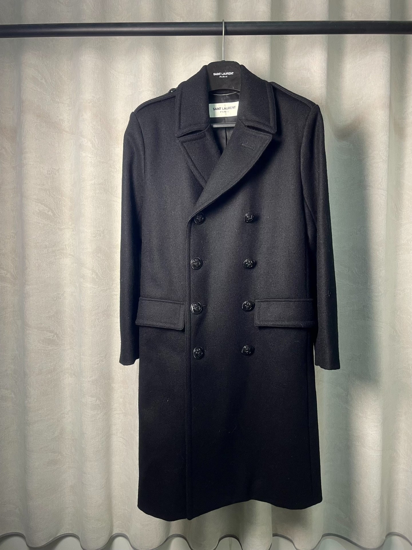 Saint Laurent FW14 Black Wool Anchor Button Double-Breasted Coat