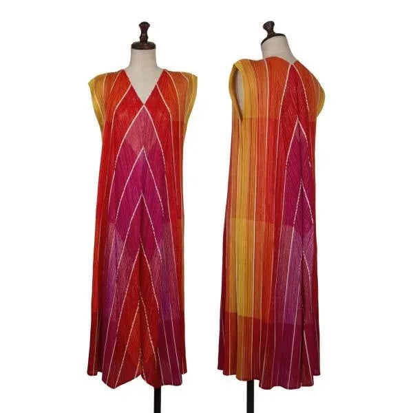 Issey Miyake Vintage Orange Striped Pleated Dress