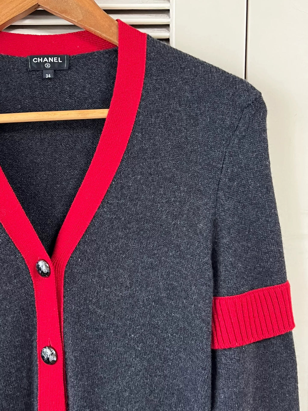 Chanel Grey Red Trim V-Neck Knit Cardigan