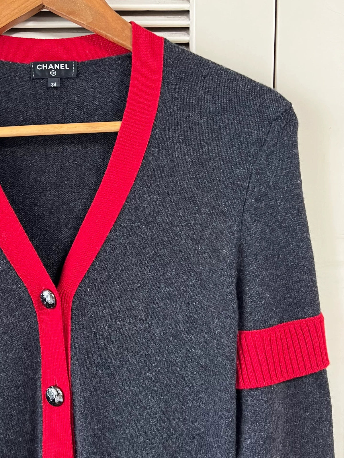 Chanel Grey Red Trim V-Neck Knit Cardigan