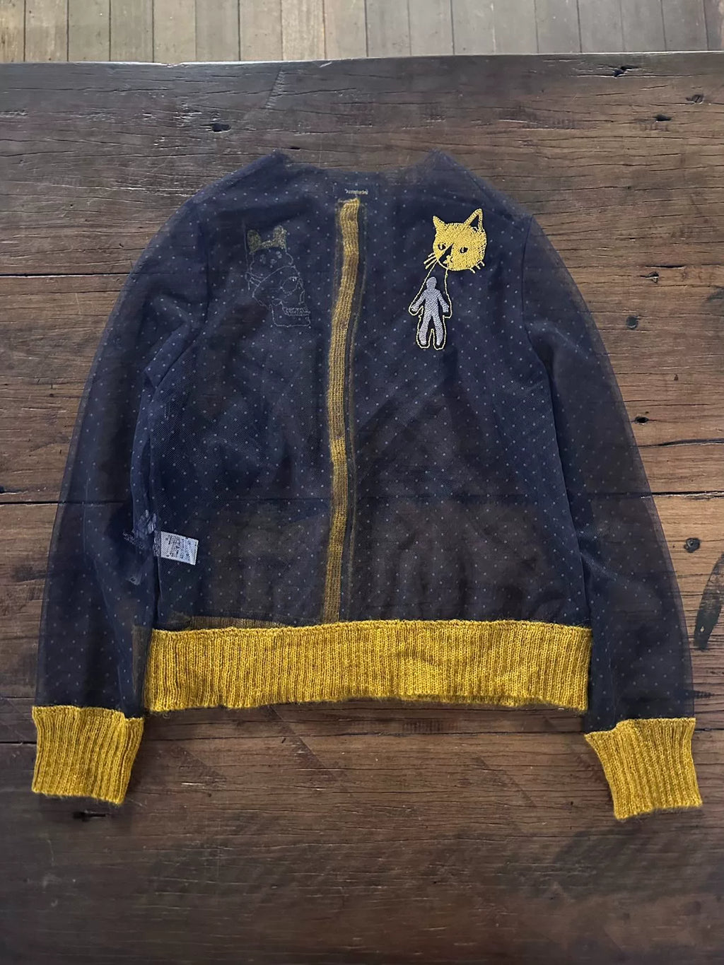 Undercover FW16 Navy Blue Tulle Patchwork Cat Embroidery Mohair Hooded Sweater