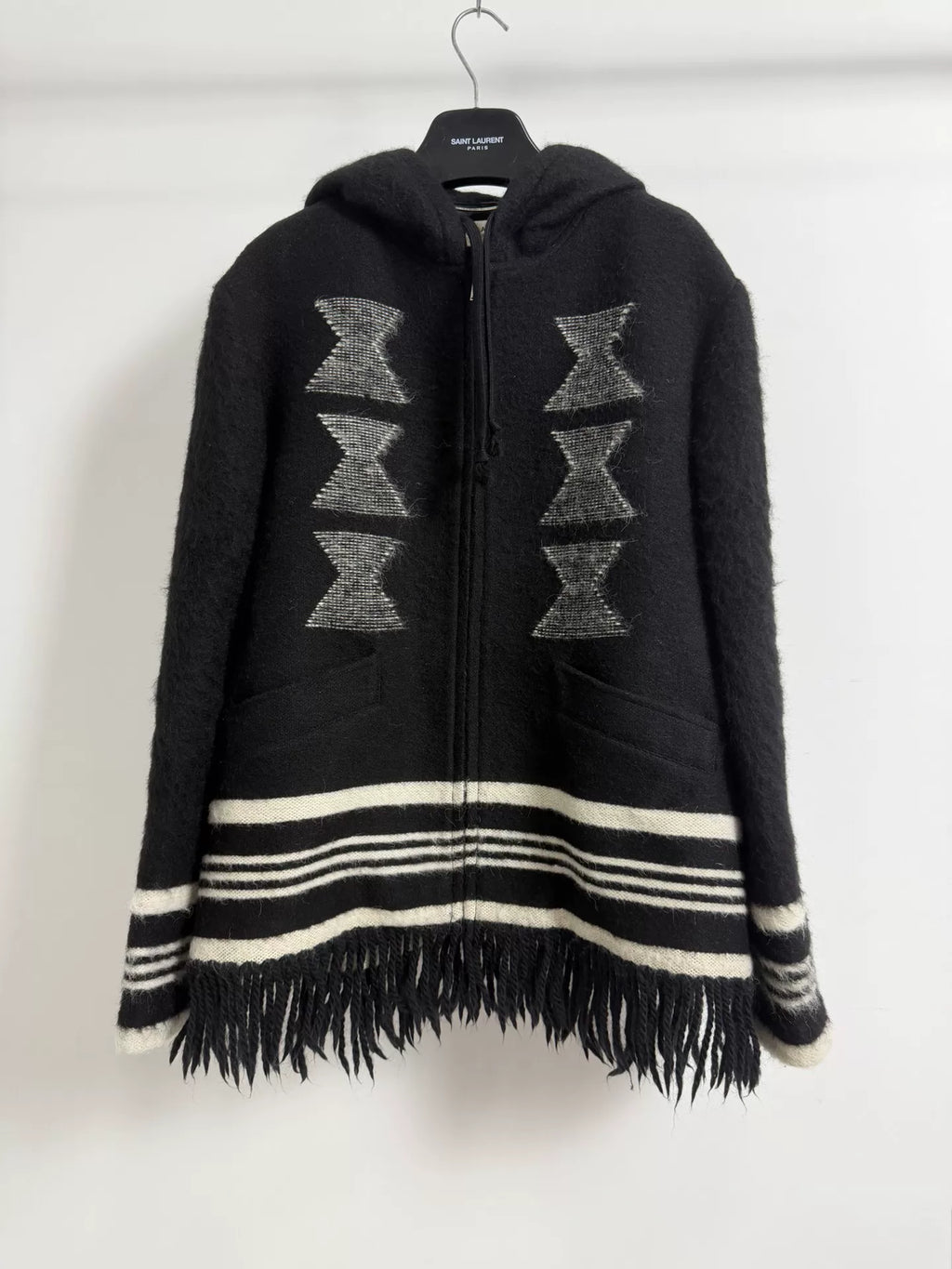 Saint Laurent Slp18fw Coat Black Alpaca Wool Fringe Hooded Jacket