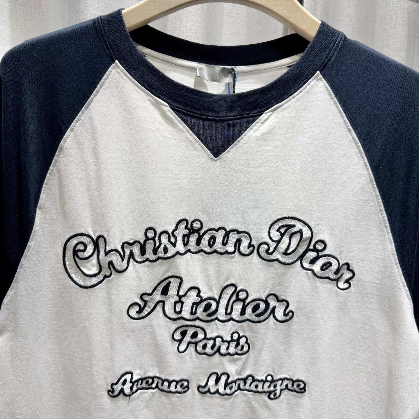 Dior Slogan Embroidered Logo Blue Color-Block Cotton Short Sleeve T-Shirt
