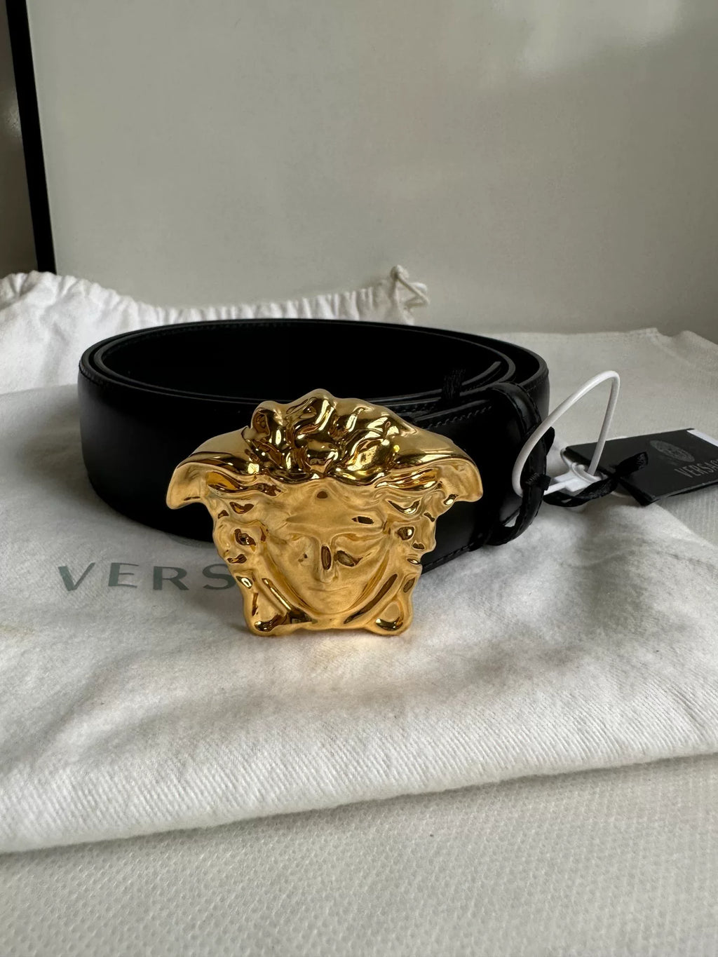 Versace Black Medusa Head Gold Buckle Leather Belt