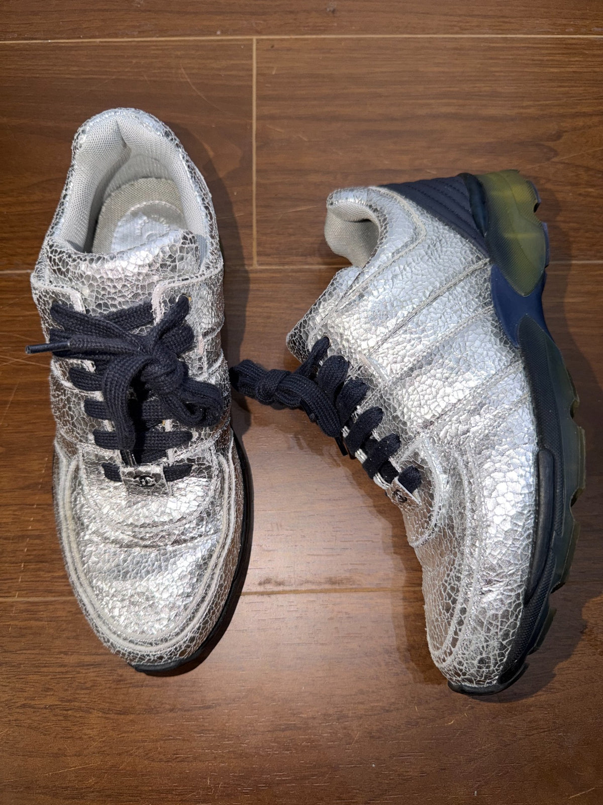 Chanel Silver Crinkle Leather Sneakers