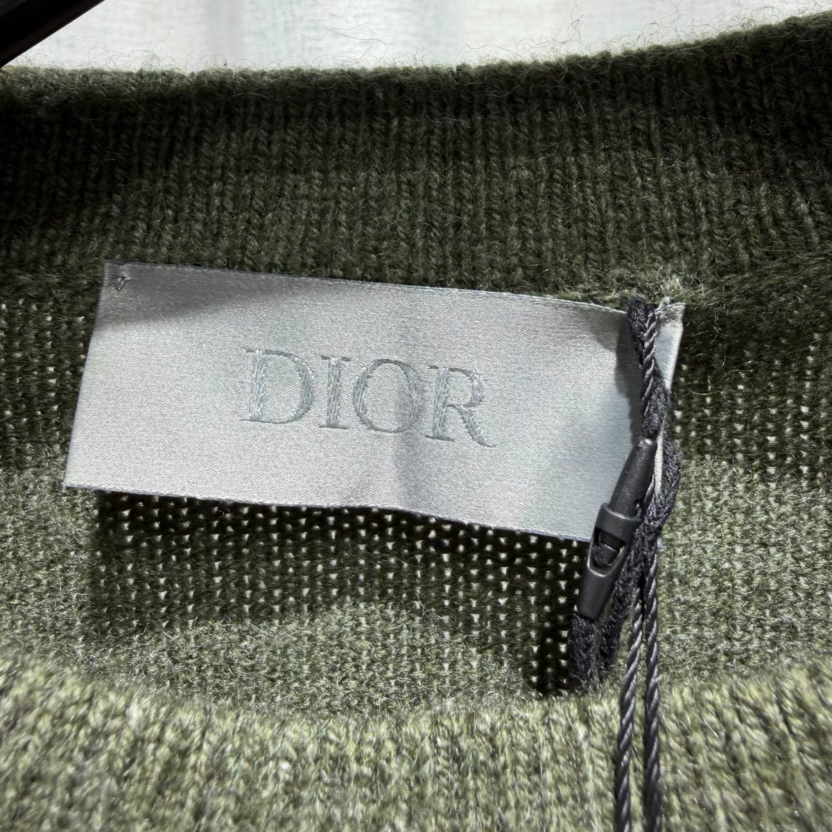 Dior Olive Slogan Embroidered Logo Ribbed Collar Cashmere Sweater