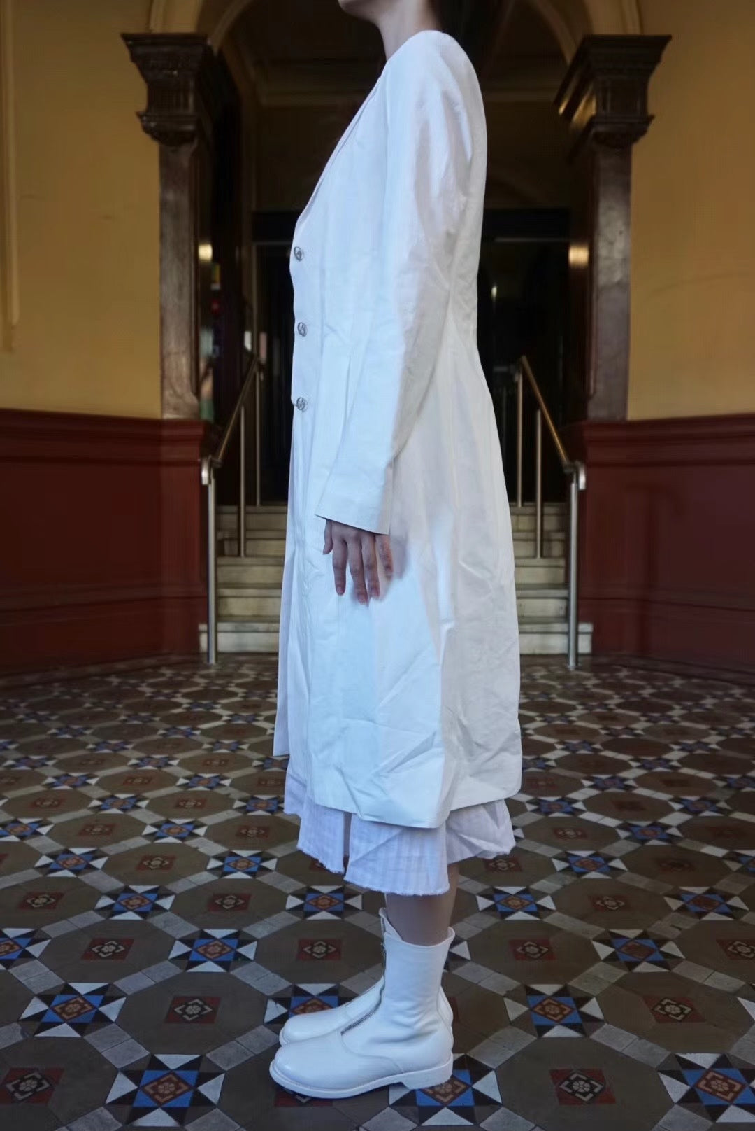 M.A+ SS19 White Three Planet Silver Buttons Cotton Linen Coat