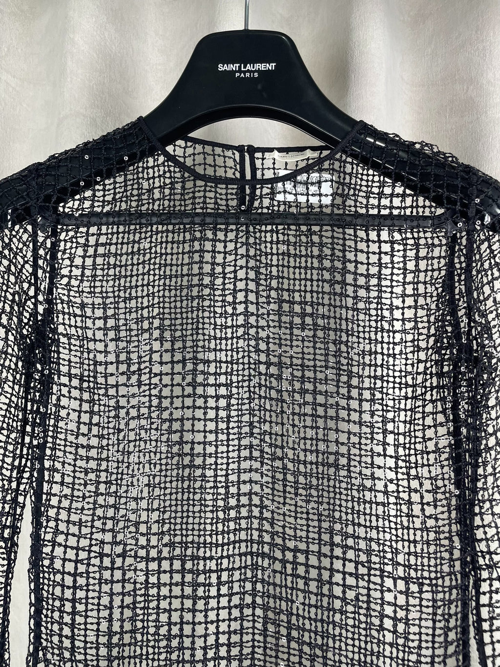 Saint Laurent FW15 Rhinestone Sequin Fishnet Black Top