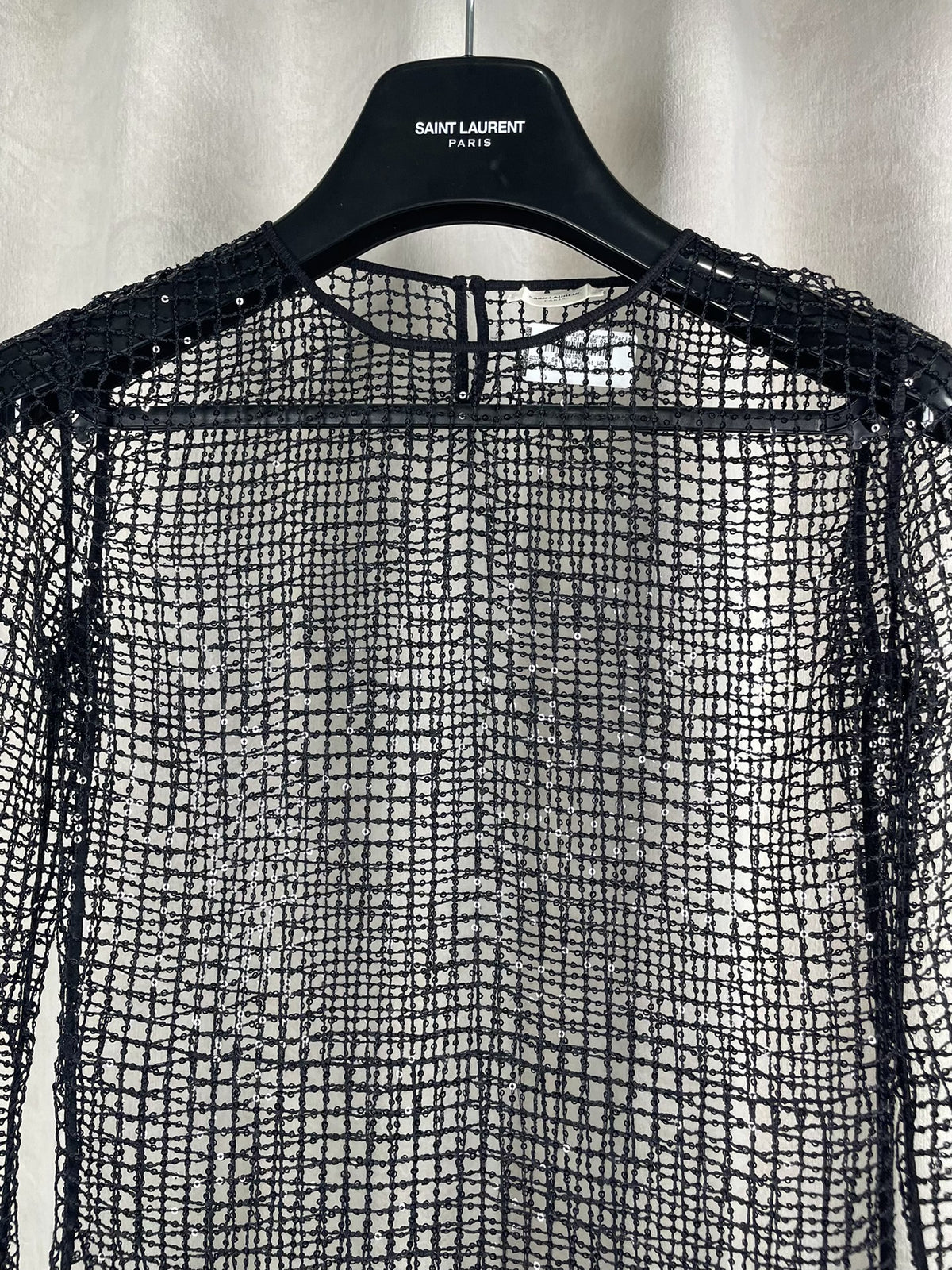 Saint Laurent FW15 Rhinestone Sequin Fishnet Black Top