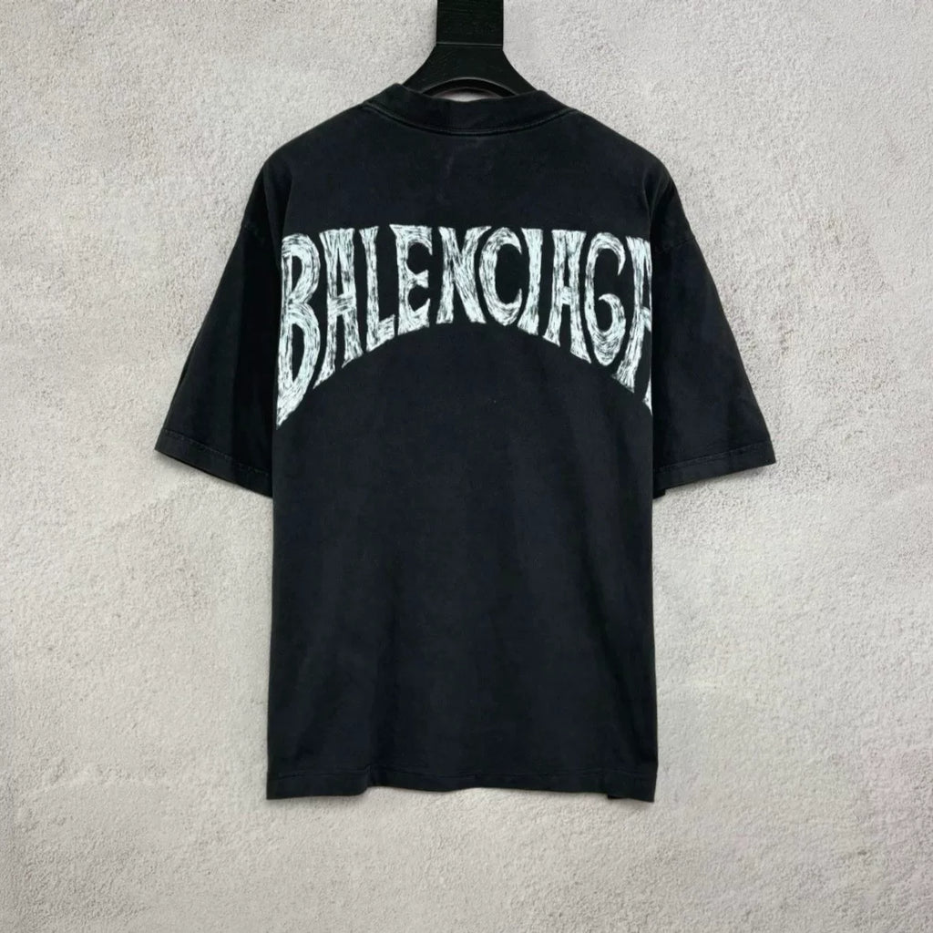 Balenciaga Dark Grey Coconut Graffiti Logo Print Short Sleeve Top