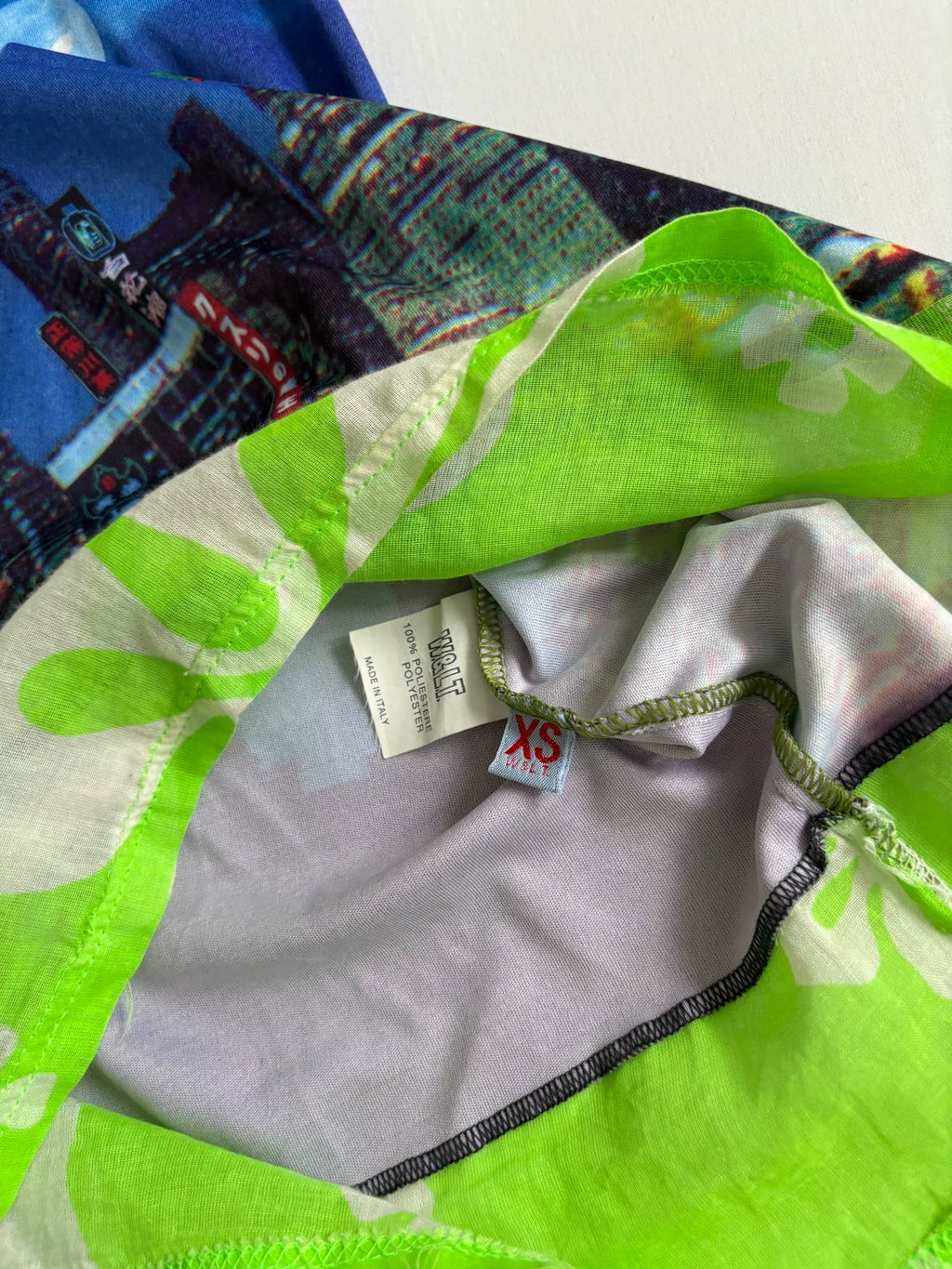 Walter van Beirendonck runway dress W&LT vintage 1997 runway piece city night view "Kiss the Future" print patchwork dress