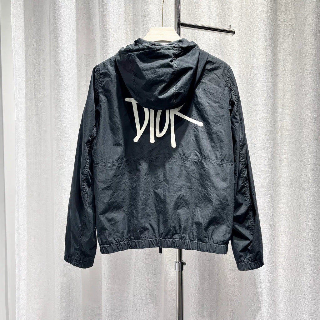 Dior Embroidered Logo Hooded Zip Cotton Blue Jacket