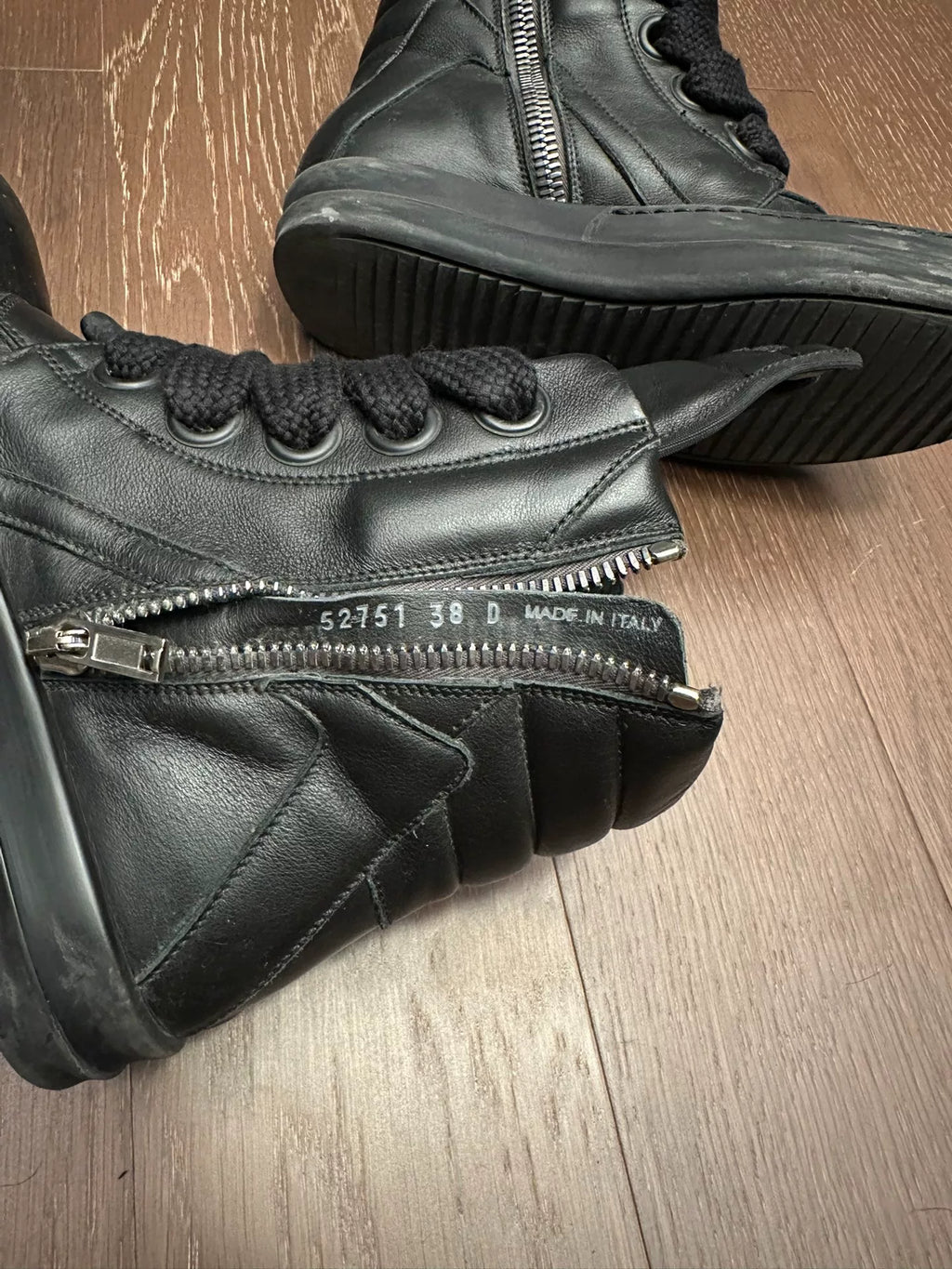 Rick Owens mainline pure black thick laces inverted triangle Sneakers