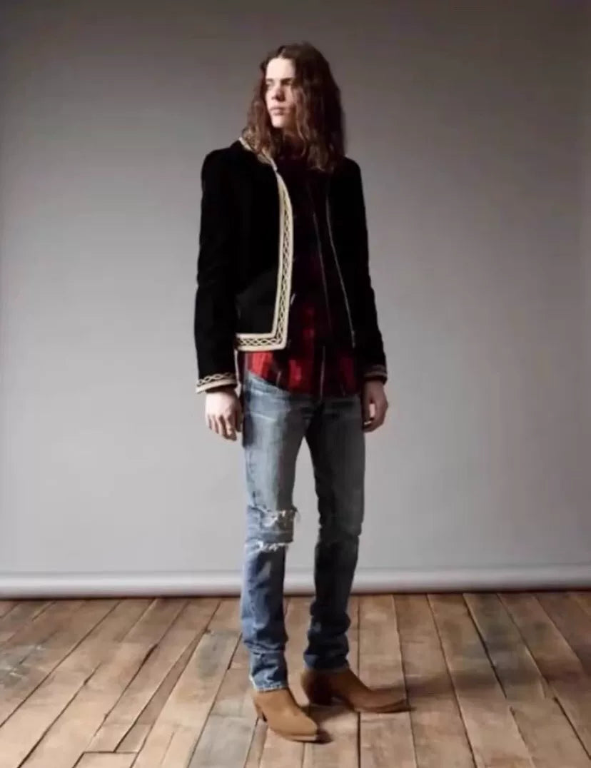 Saint Laurent 18FW Black Velvet Gold Embroidered Court Hooded Jacket