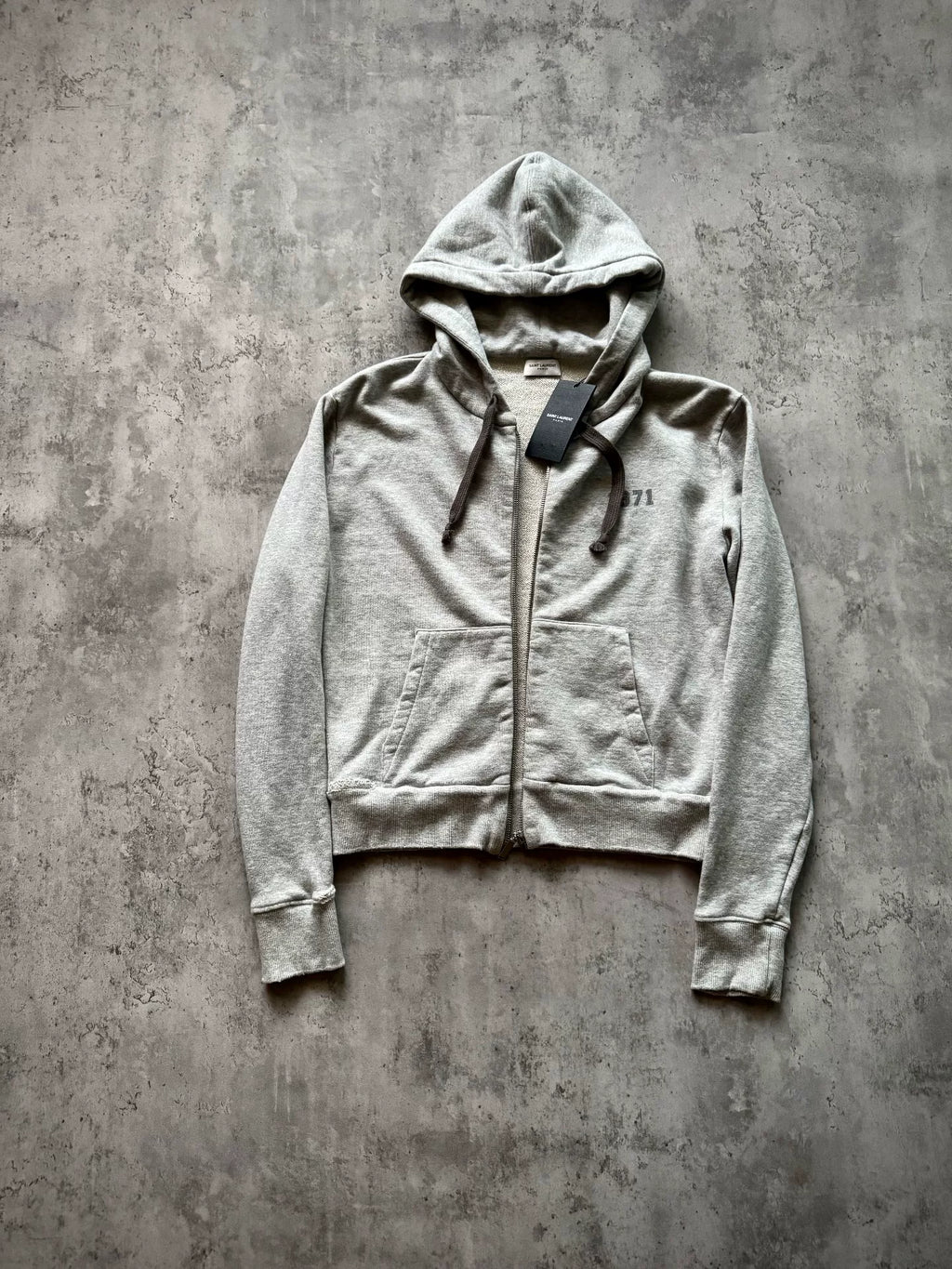 Saint Laurent 17AW Distressed Patch Hooded Gray Sweater by Anthony Vaccarello
