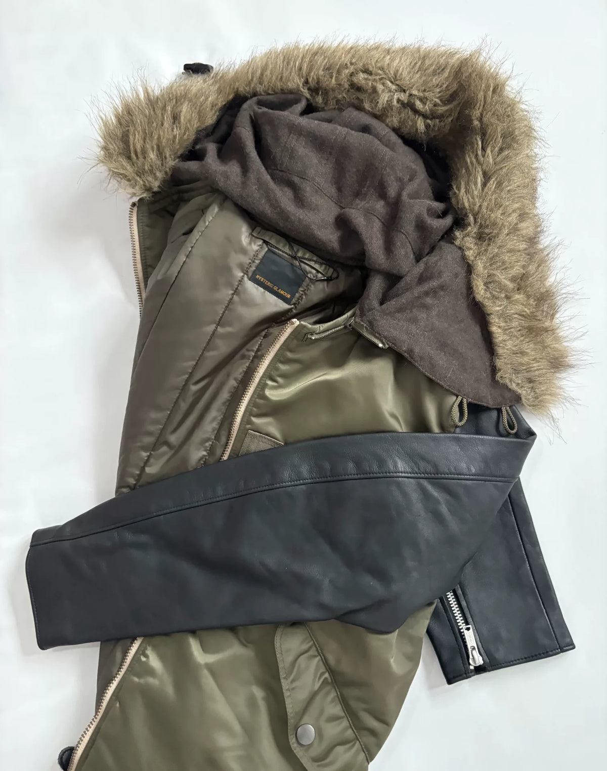 Hysteric Glamour N2B Fur-Collar Hooded Leather-Panel Bomber Jacket