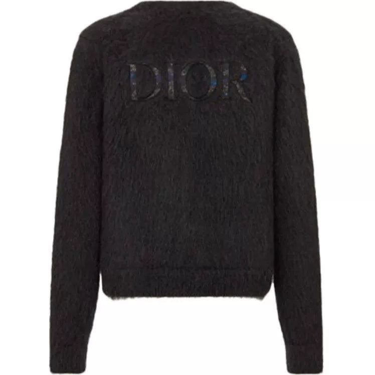 Dior Black Mohair Nylon Wool Blend Lettered Embroidered Button-Front V-Neck Cardigan