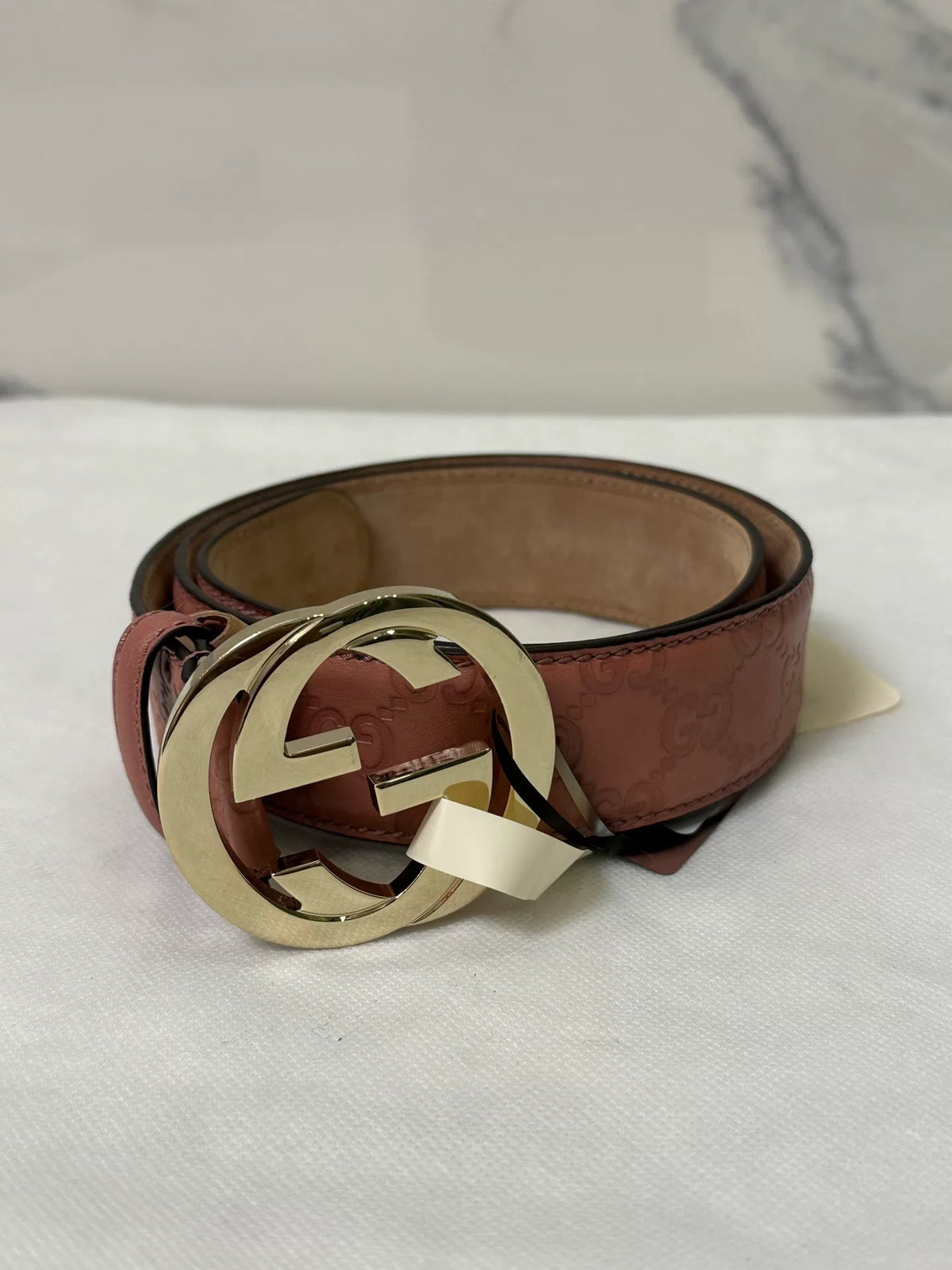 Gucci Pink Double G Embossed Leather Belt
