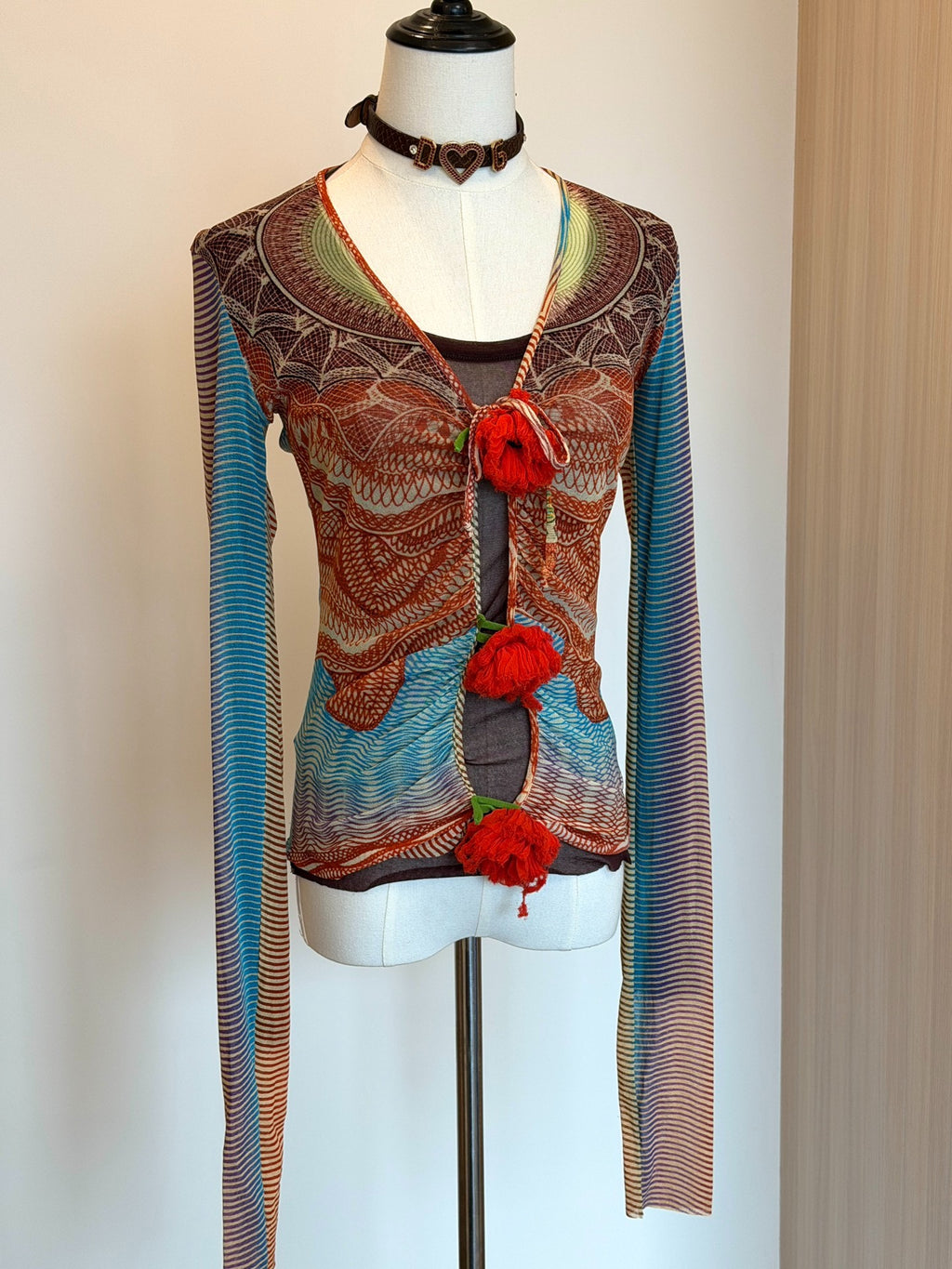 Jean Paul Gaultier Vintage V-Neck Mesh Print Long Sleeve Top